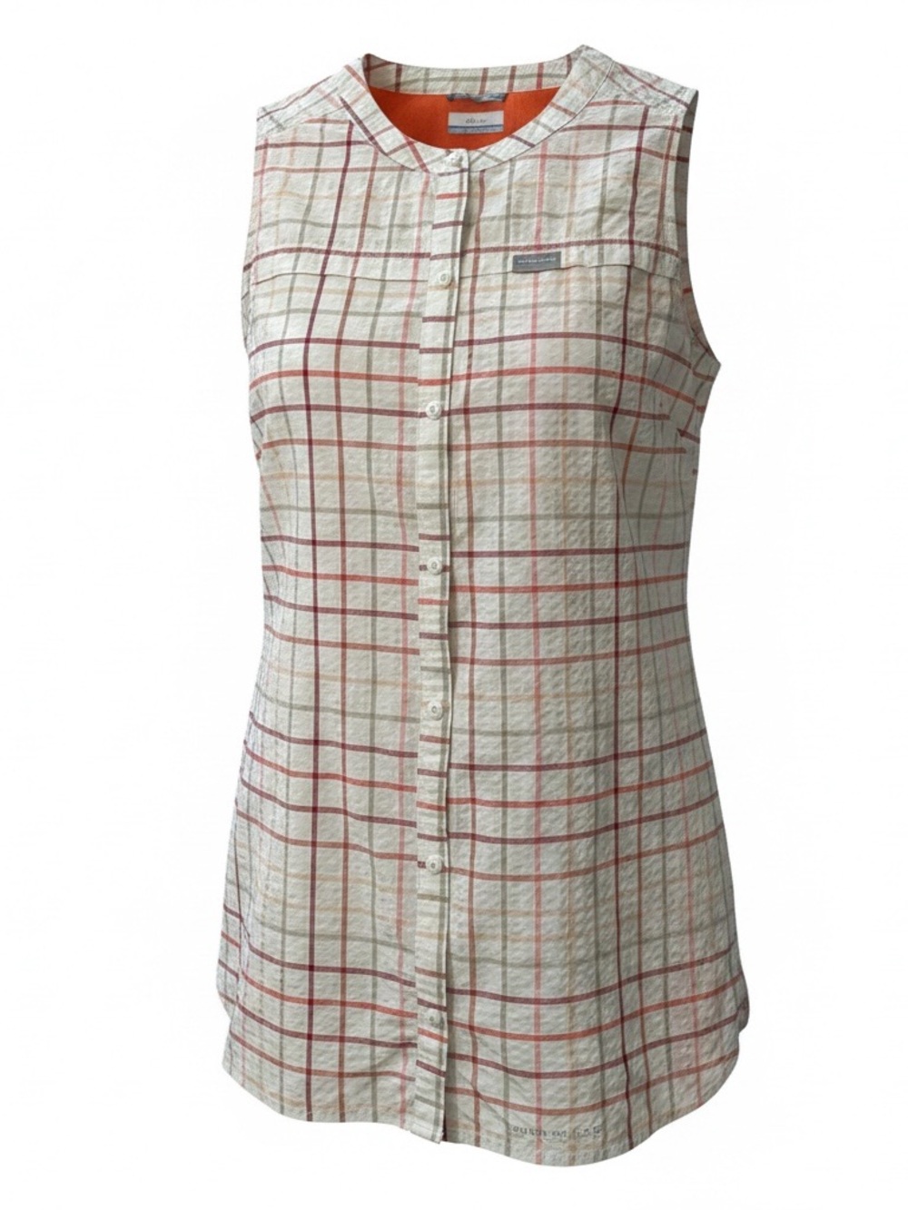 Columbia Women’s Sleeveless Plaid Button-Down Shirt in Cream and Red